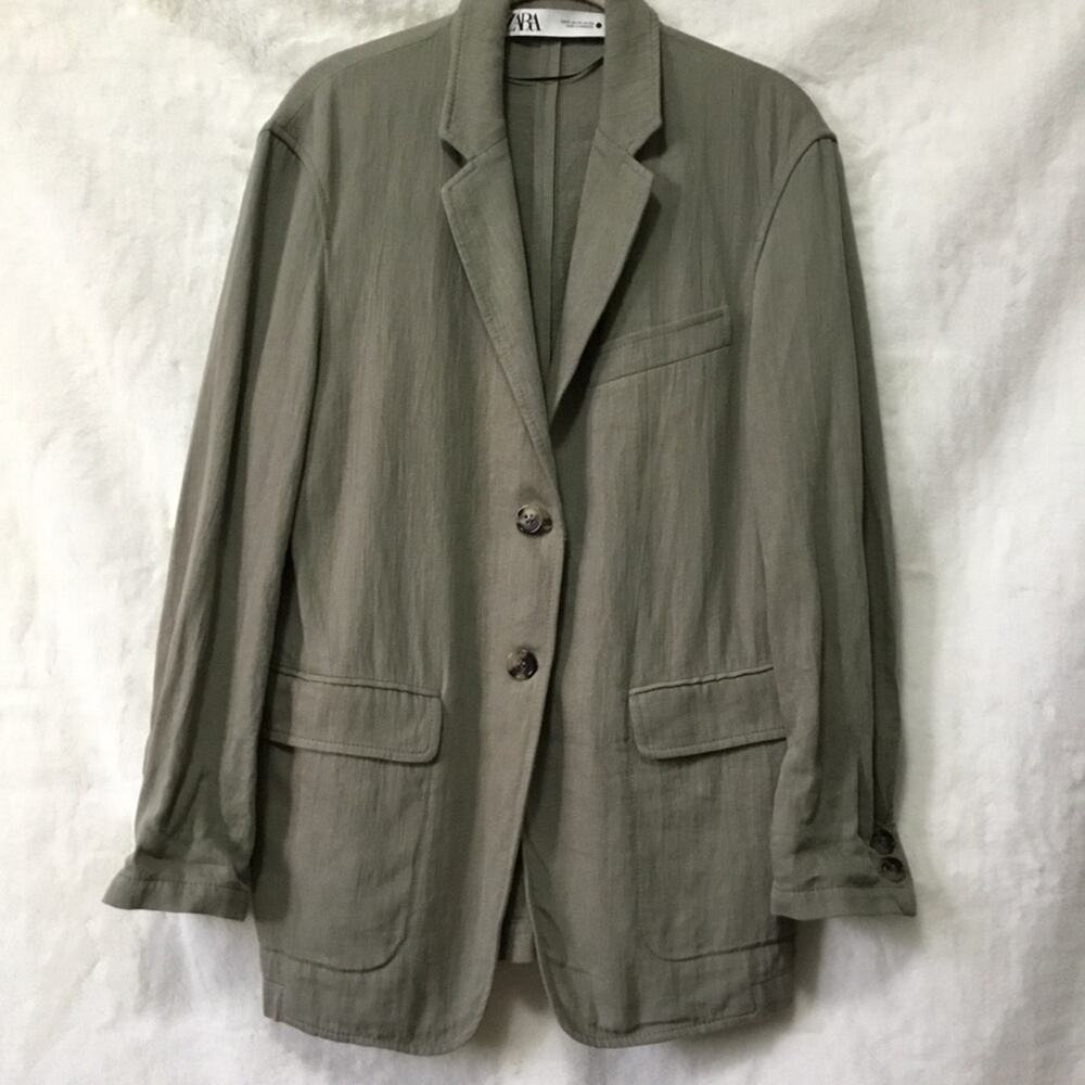 Zara Olive Green Linen Blend Button Over-Sized Blazer - Picture 1 of 14